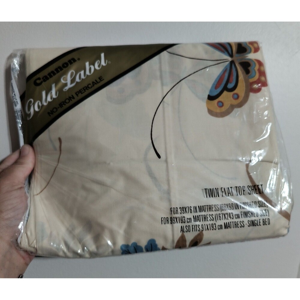 VTG  Cannon Gold Label Twin Flat Top Sheet Chloe Parchment Butterfly Percale